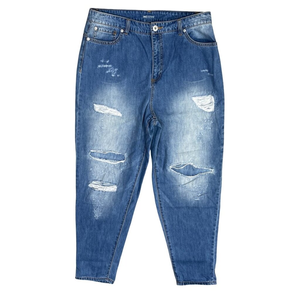 INC Denim Distressed Jeans Medium Wash Size 16 Fading 100% Cotton